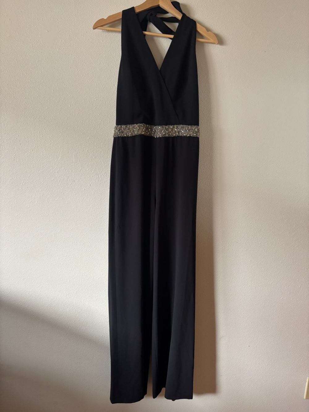 Black Halter Alice + Olivia Bedazzled Waist Jumpsuit | Size 6